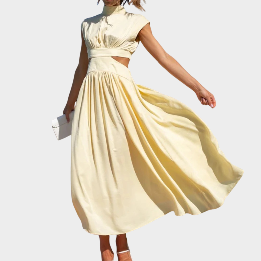 Hollow Out A Line Women's Maxi Dress – Casual V Neck Waist Detail – Lightweight Midi Fit – Elegant Long Sundress – Multiple Colours