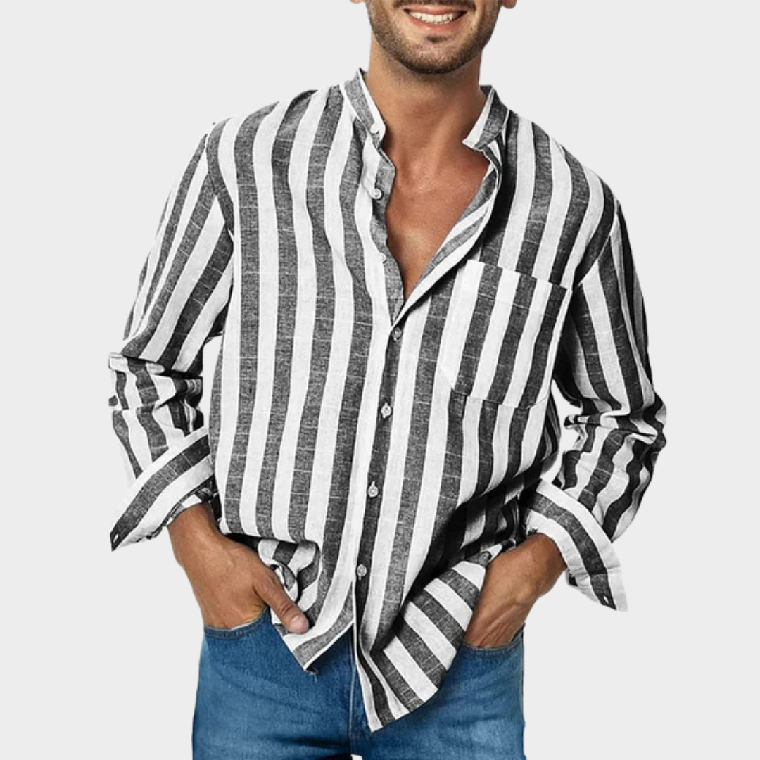 Men’s Casual Striped Long Sleeve Shirt – Relaxed Fit – Elastic Lightweight Linen Blend – Button-Up Design – Multiple Colours