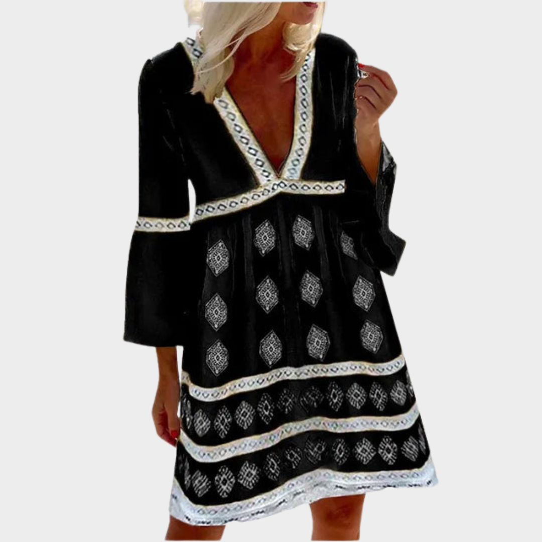 Women's V-Neck Midi Dress – Seven Quarter Sleeve – Printed – Loose Fit – Multiple Colours
