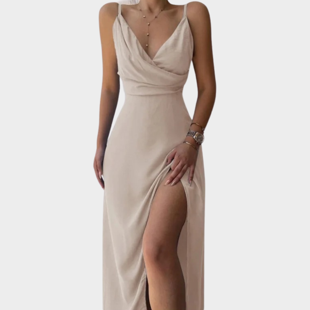 Women's Evening Maxi Dress – Sleeveless V-Neck High Waist Slit – Draped Halter Fit – Elegant Partywear – Soft Polyester – Multiple Colours