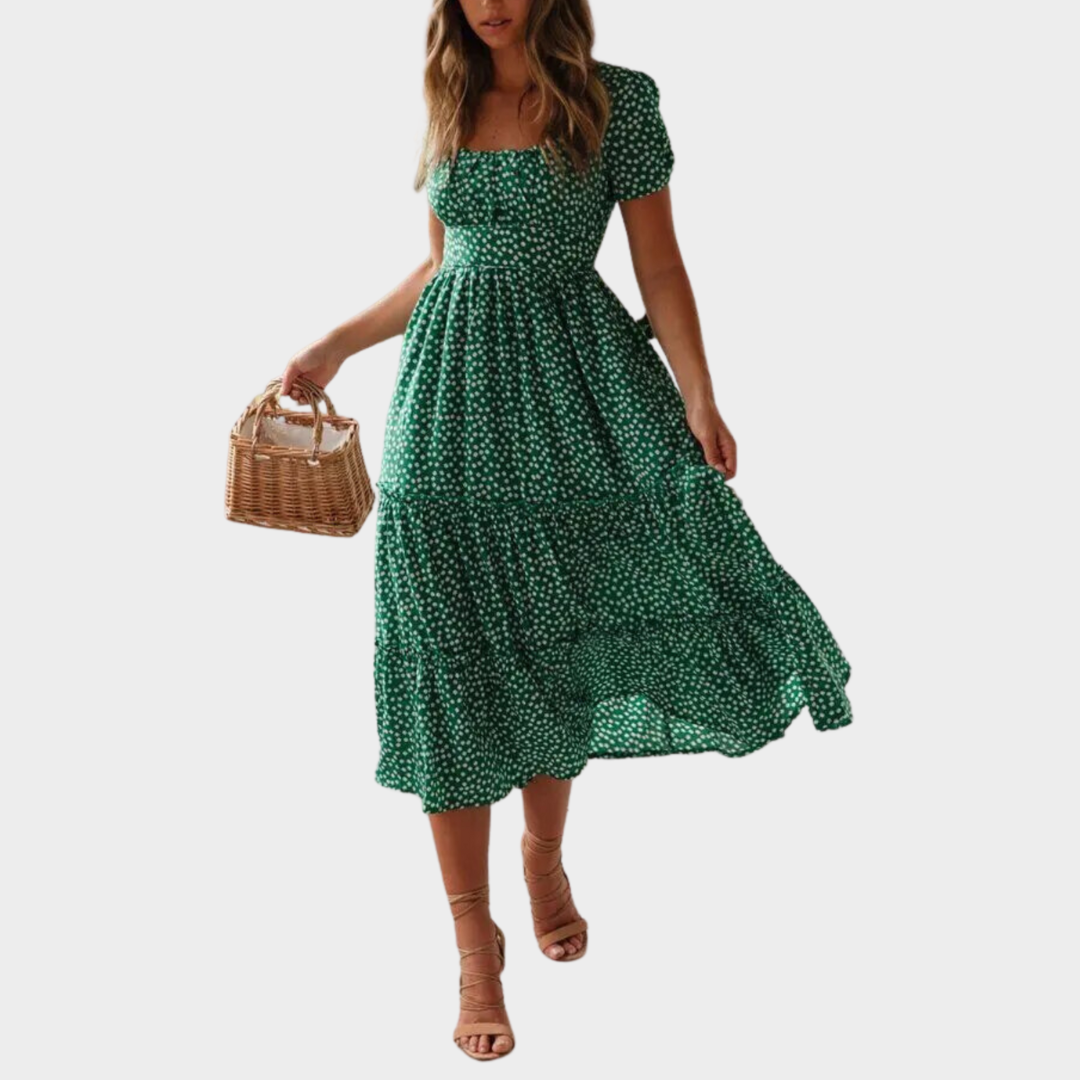 Women's Boho Floral Dress – Square Neck – Puff Sleeve – Chiffon – Elegant Party & Beachwear – Multiple Colours