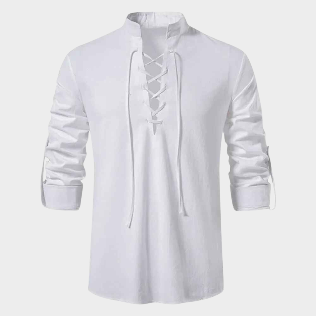Men's Cotton Linen Shirt - Long Sleeve Casual T-Shirt - Drawstring Neck - Relaxed Fit - Multiple Colours