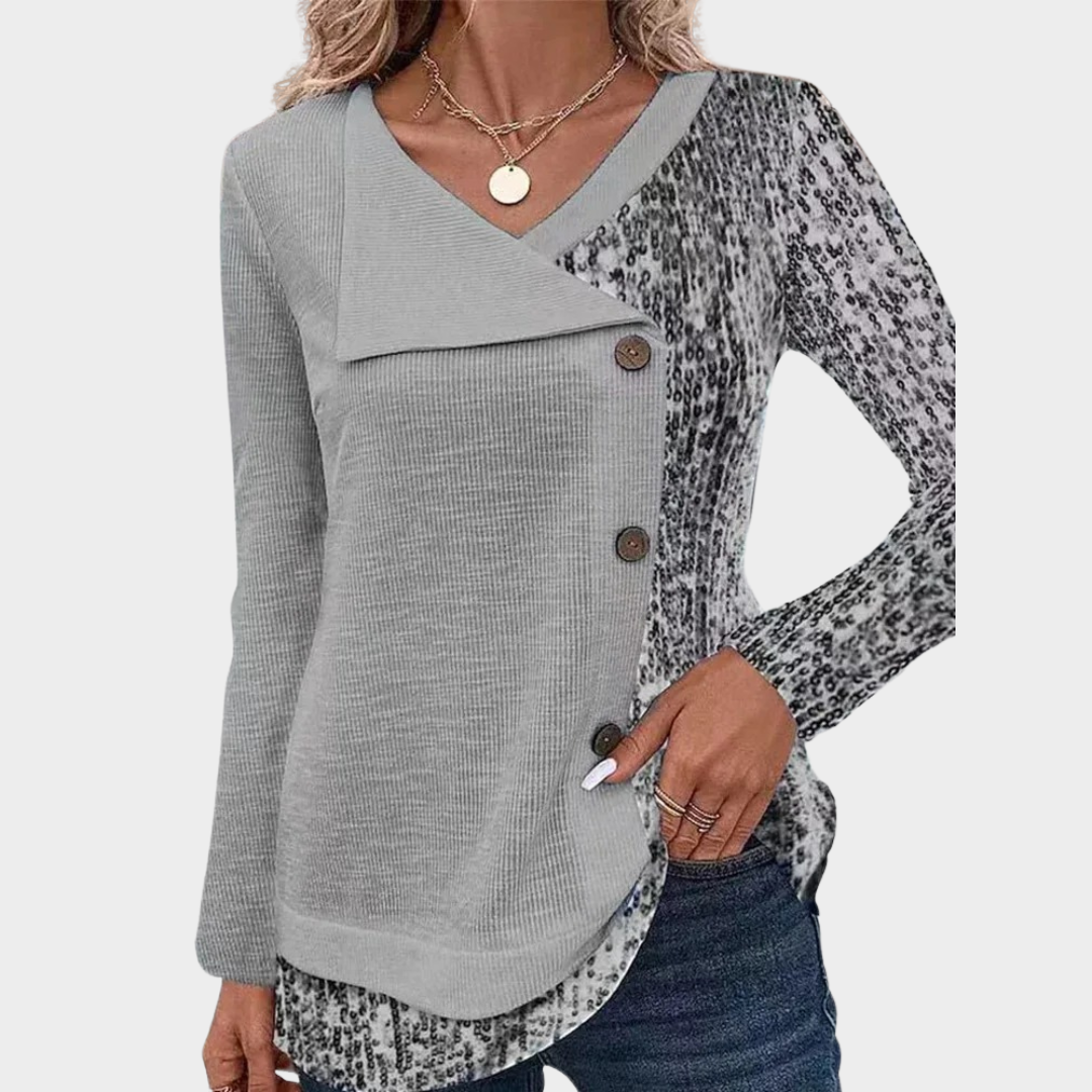 Women’s Asymmetric Button-Up Long Sleeve Top – Round Neck Party Shirt – Soft Printed Cotton Blend – Multiple Colours
