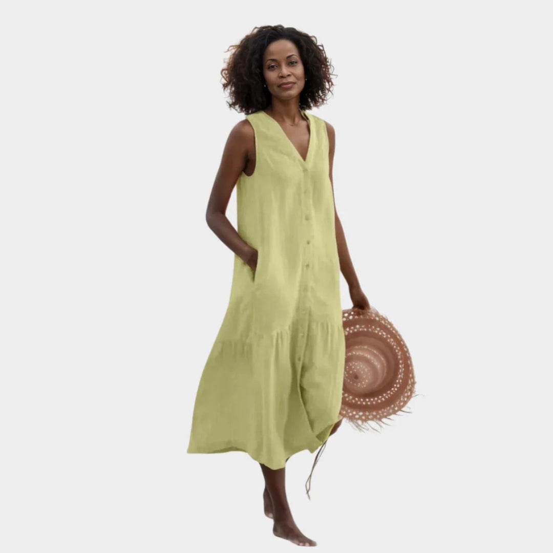 Women's Sleeveless Summer Dress – V-Neck Button-Down Swing Style with Pocket (Purple, Green, Orange, and More)