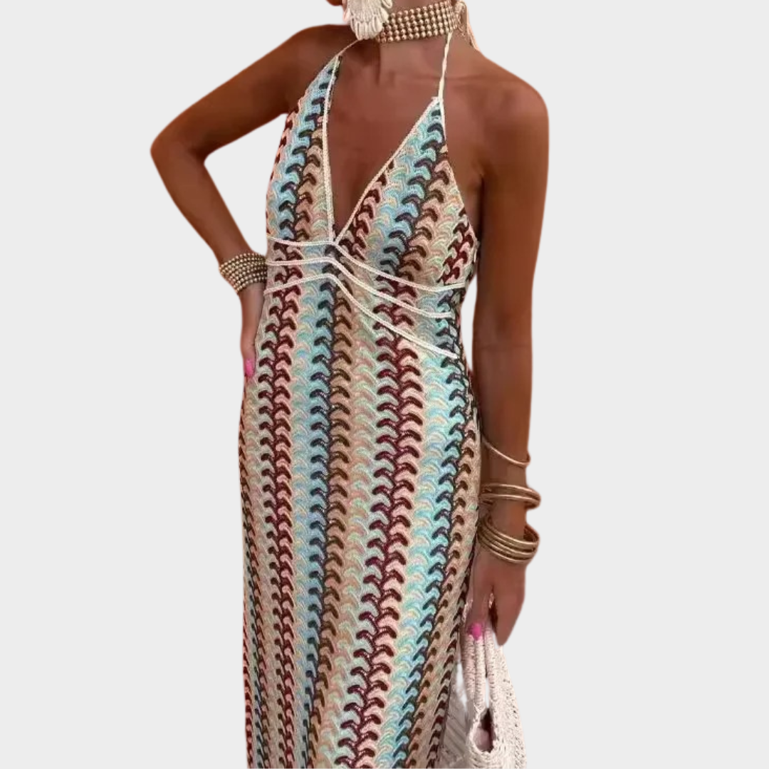 Women’s Ankle-Length Lace Strap Dress – Empire Waist with Hooked Floral Detail and Slim Fit – Multicolour