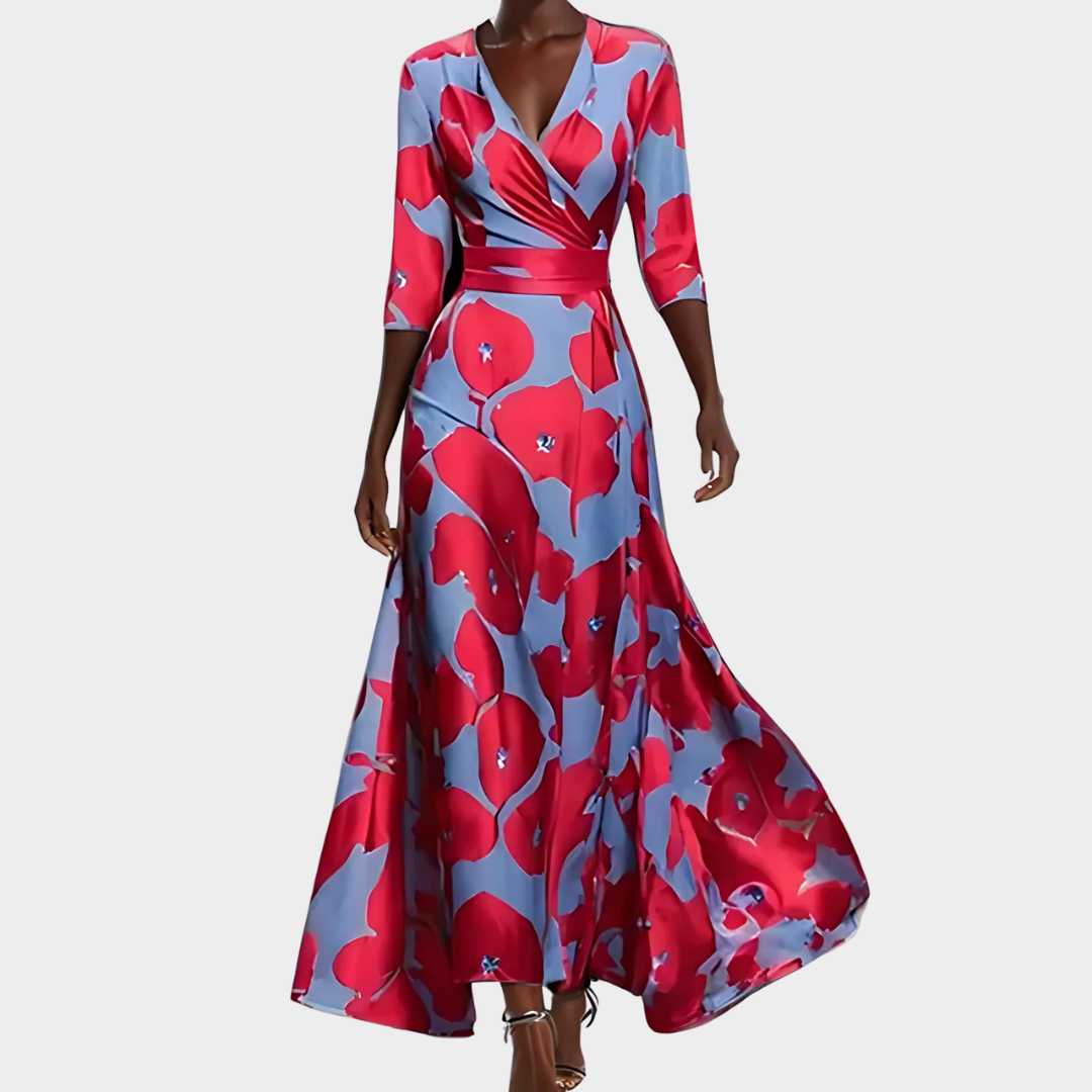 Women's V-Neck Maxi Dress – Short Sleeve – Printed – Red