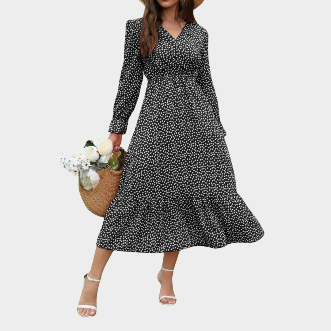 Women’s V-Neck Polka Dot Maxi Dress – Elegant Beach Vacation Style – Long Sleeve Lightweight Fabric – Multiple Colours