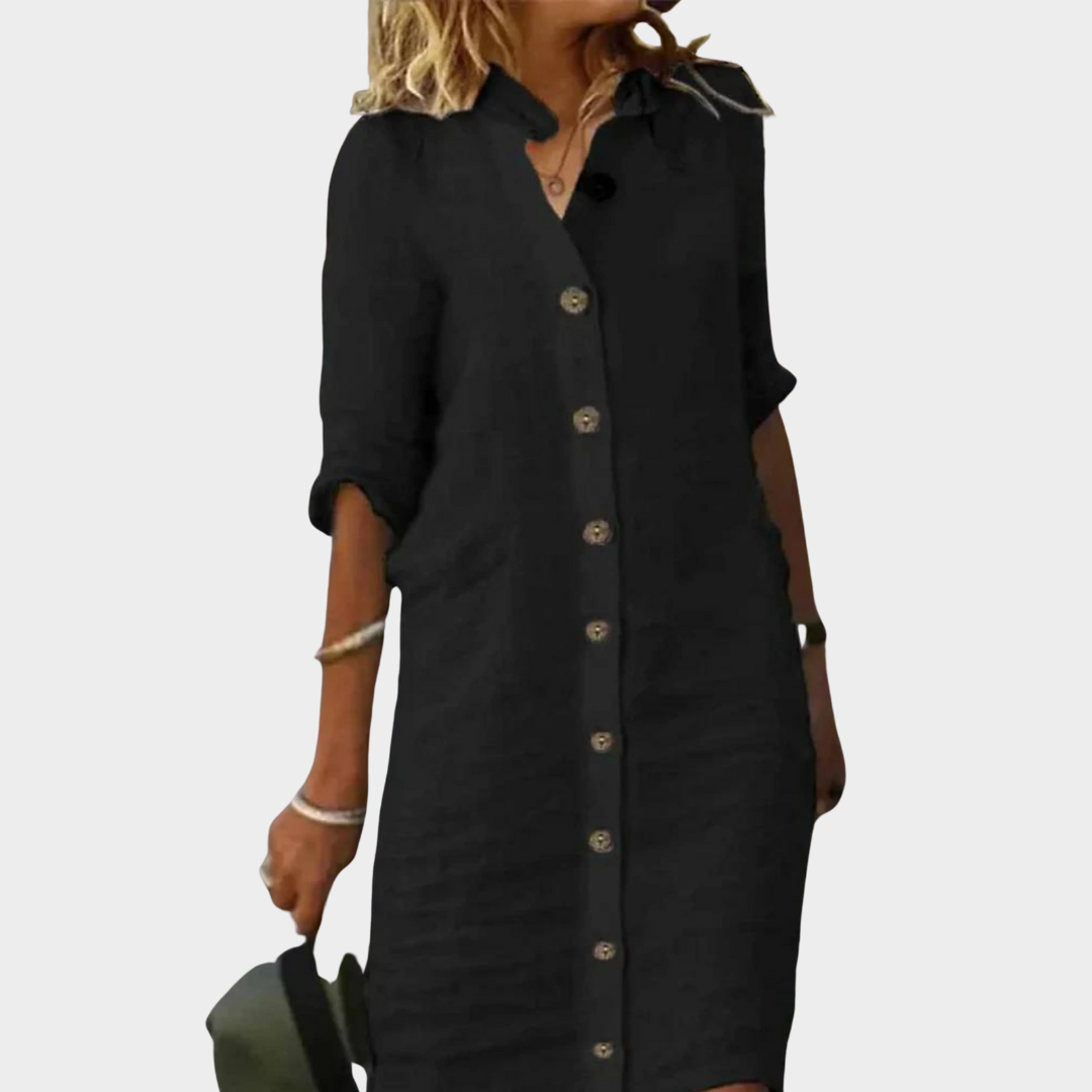Women’s Loose Fit Long Sleeve Blouse Dress – Turn Down Collar with Button Front – Cotton Linen Blend – Baggy Fit – Multiple Colours