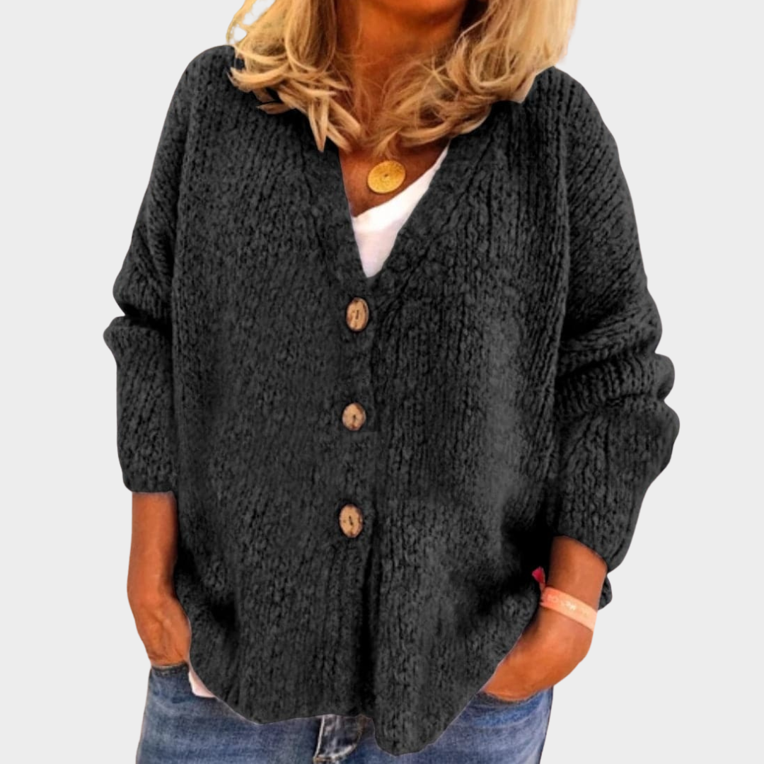 Women's Cardigan – Chunky Knit Relaxed Fit V-Neck Button Front Balloon Sleeve – Multiple Colours