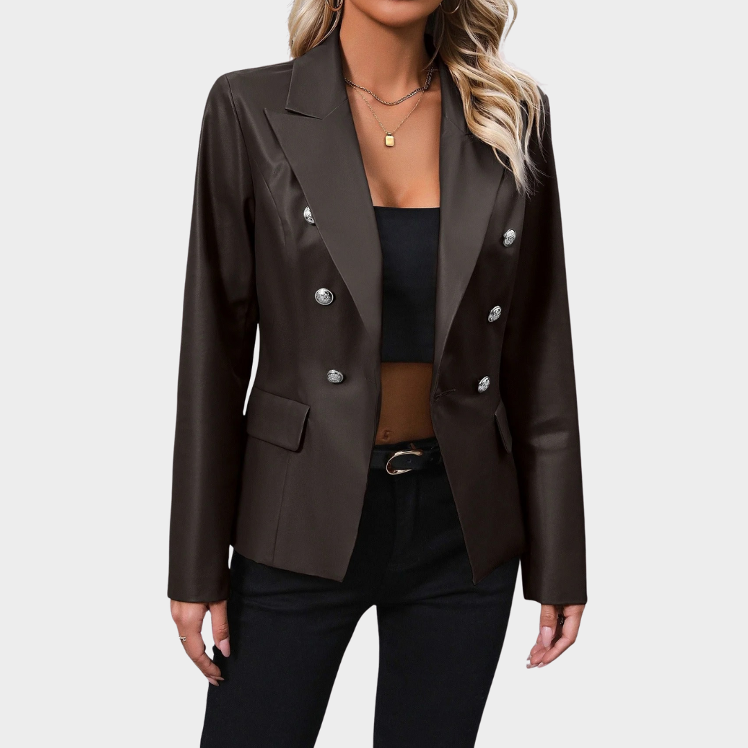 Women’s Faux Leather Double-Breasted Blazer – Tailored Fit Formal Jacket – Elegant PU Material – Multiple Colours