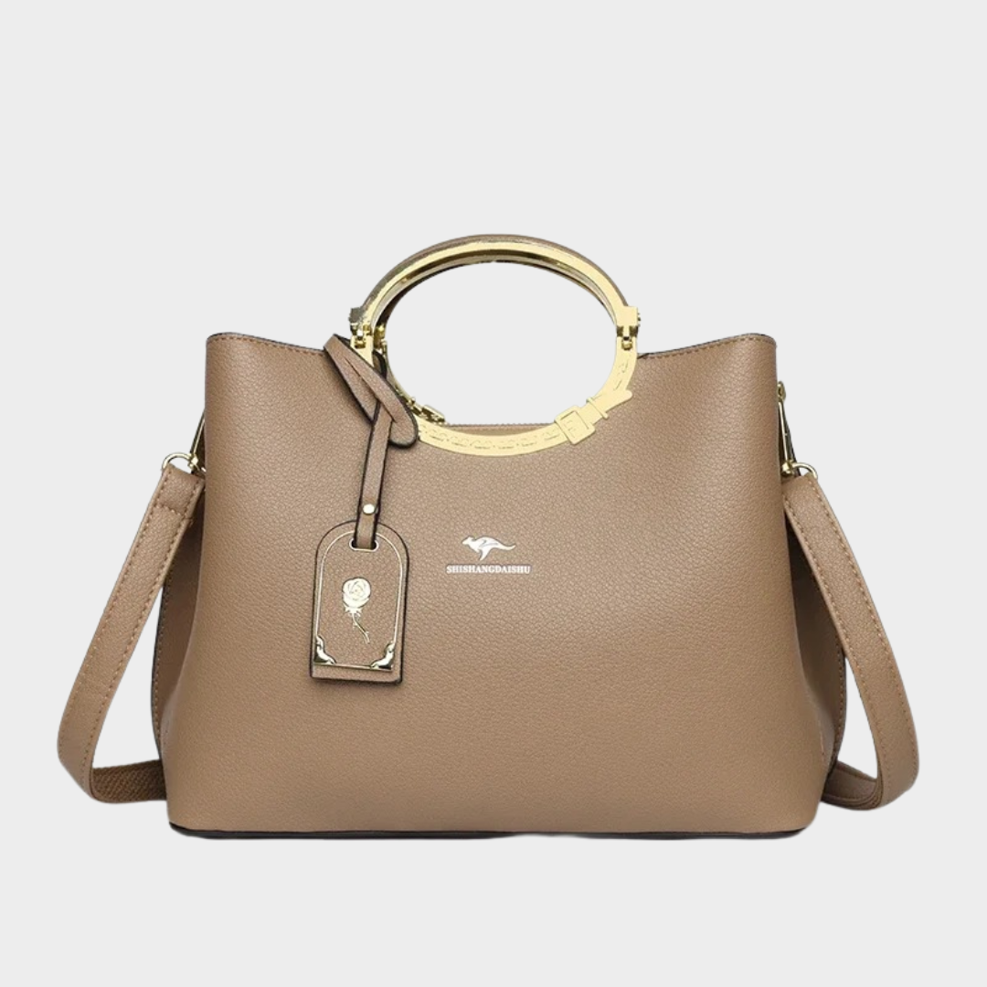Women Handbag – PU Leather Tote with Round Metal Handle and 3-Layer Design – Multiple Colours