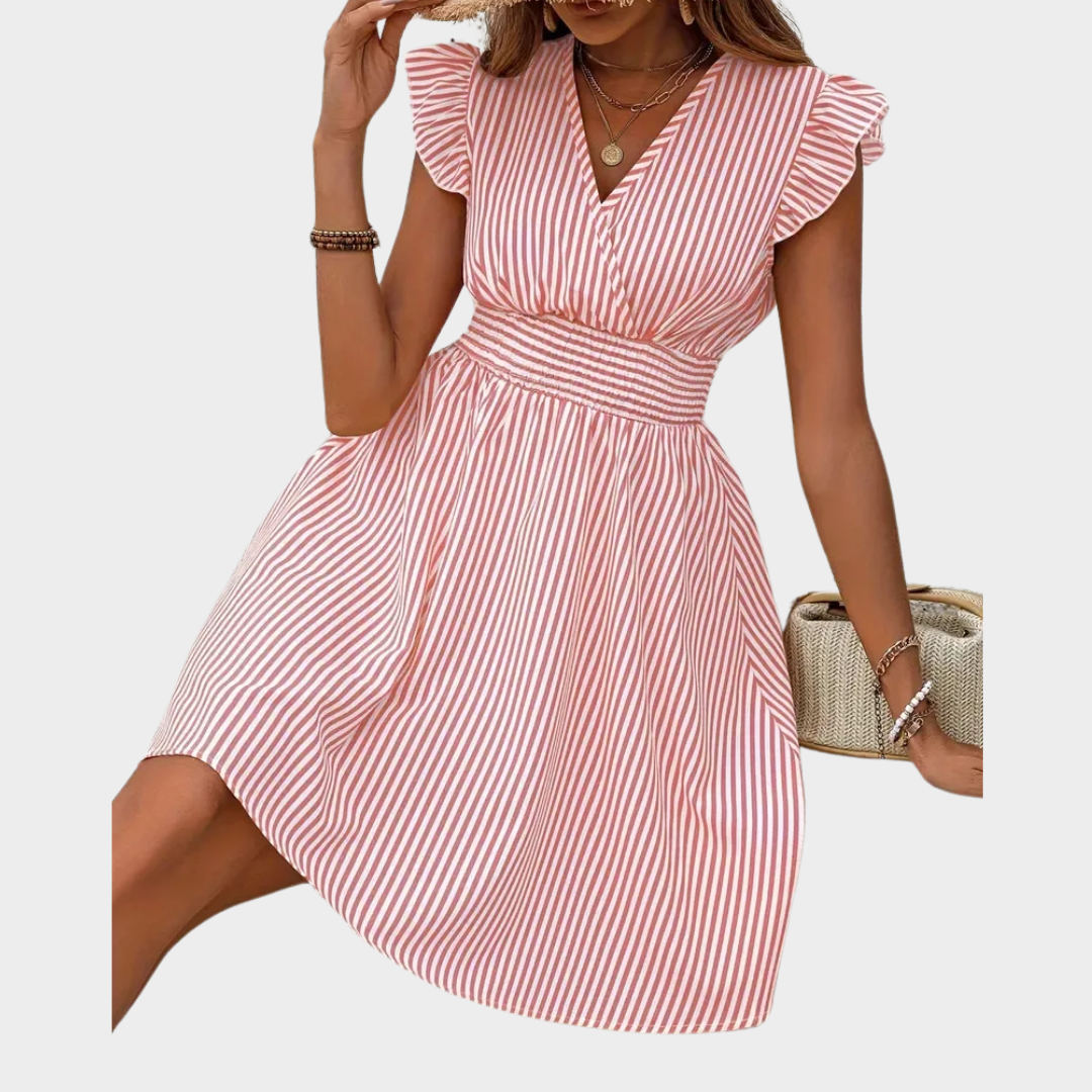 Women’s Printed V-Neck A-Line Dress – High Waist Fit with Ruffle Sleeves and Pleated Skirt – Lightweight Polyester – Multiple Colours