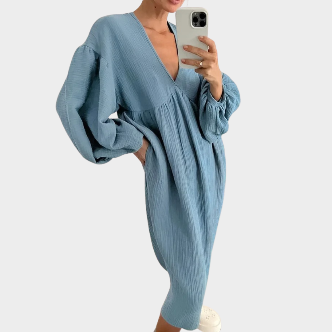 Women’s Long Sleeve Cotton Dress – Loose Fit A-Line Midi Style – Soft Lightweight Fabric – Multiple Colours