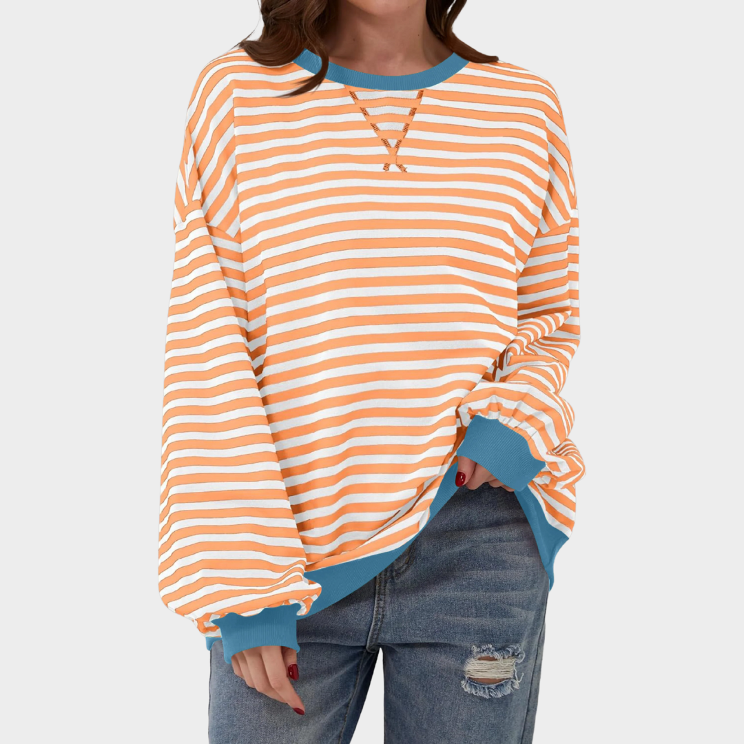 Women Casual Long Sleeve Sweatshirt – Round Neck Striped Pullover Top – Comfortable Knitwear – Multiple Colours