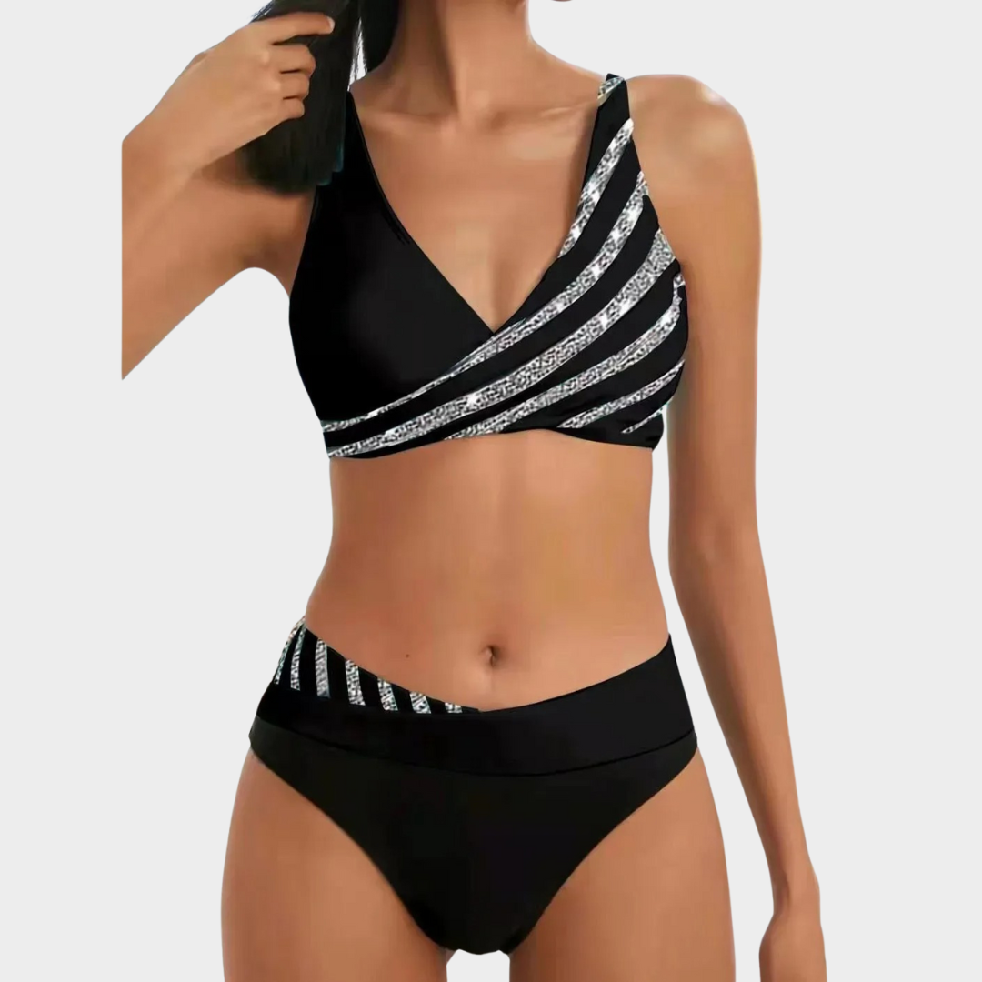 Women Two Piece Bikini Set – Lace Up Holiday Swimsuit with Diagonal Print – Shining Detail and Comfortable Fit – Multiple Colours