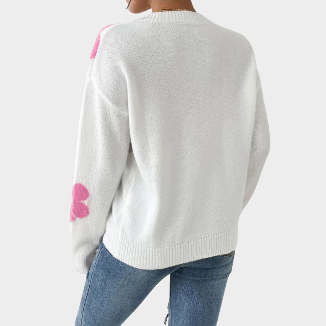 Women’s Crew Neck Sweater - Slim Fit, Loose Long Sleeve Top, White, Red