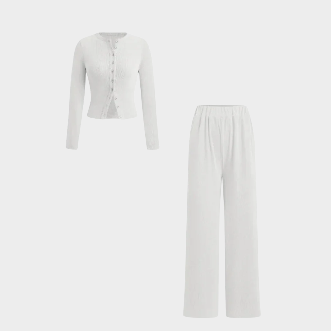 Women Two Piece Set – Solid Ribbed Crop Top with Button Front and Elastic Waist Pants – Casual Matching Outfit Comfortable Y2K Style – Multiple Colours