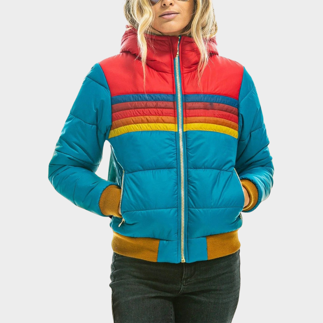 Women Hooded Puffer Jacket – Casual Printed Cotton Coat Waterproof Colour Block Outerwear Regular Fit Polyester Insulation – Multiple Colours