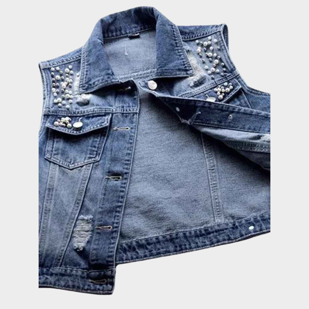 Women's Denim Vest - Ripped Sleeveless Waistcoat - Luxury Pearl Detail - Casual Fit - Blue