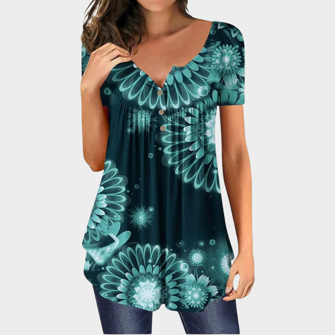 Women’s Printed V-Neck Tunic Blouse – Short Sleeve Loose Fit Top – Button Front Detail – Lightweight Digital Design – Soft Comfortable Fabric – Multiple Colours