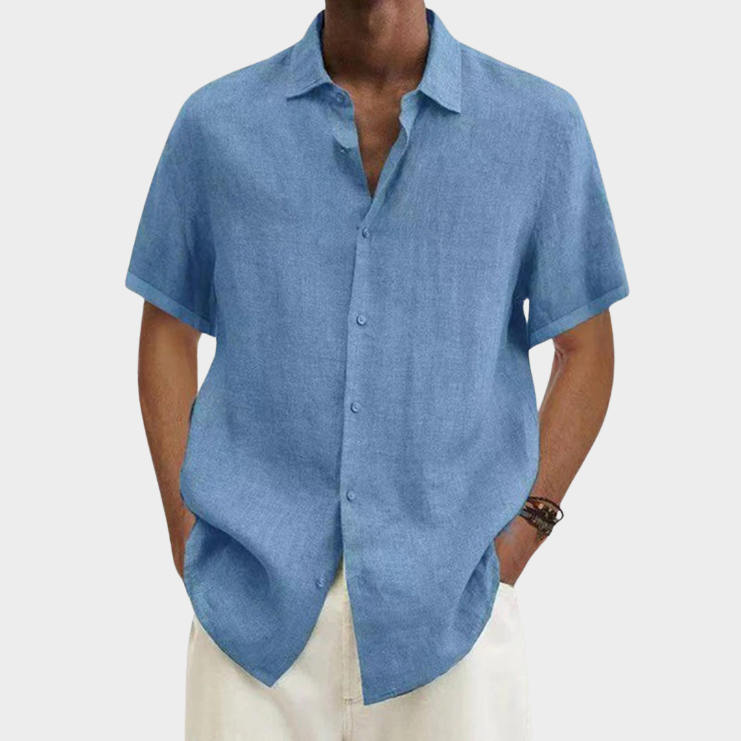 Men's Cotton Linen Blouse - Short Sleeve - Turn-Down Collar - Button-Up - Multiple Colours