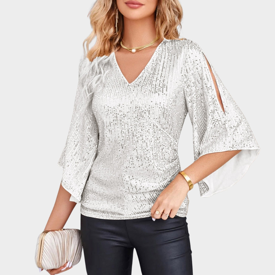 Women's Sequin Blouse - V-Neck Glitter Party Top - 3/4 Sleeve Sparkly Evening Wear - Multiple Colours