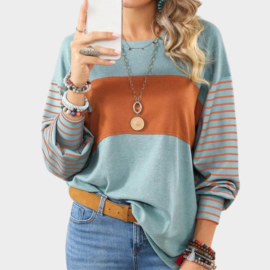 Women’s Oversized Fit Blouse – Long Sleeve Crew Neck Top with Colour Block Panels – Casual Everyday Style – Multiple Colours