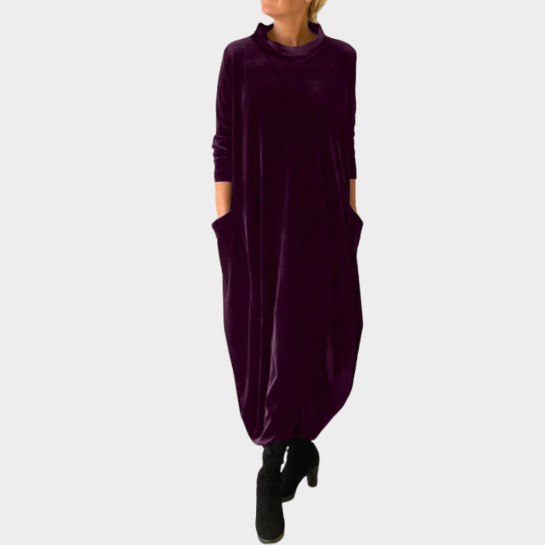 Women's Vintage Long Dress – O Neck Loose Fit – Velvet Casual Party Dress – Multiple Colours