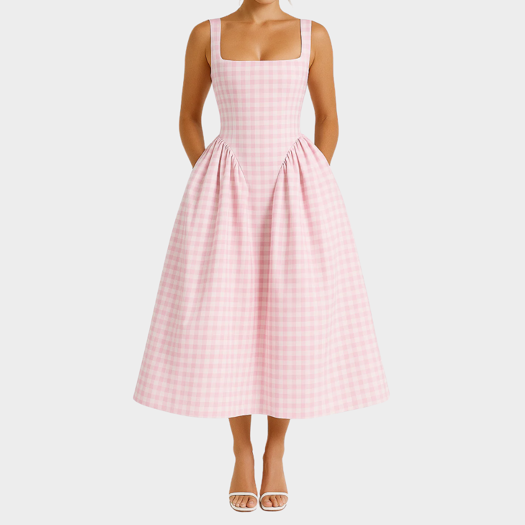 Women’s A-Line Maxi Dress – Square Neck Sleeveless Backless Princess Style – Elegant Plaid Design – Multiple Colours