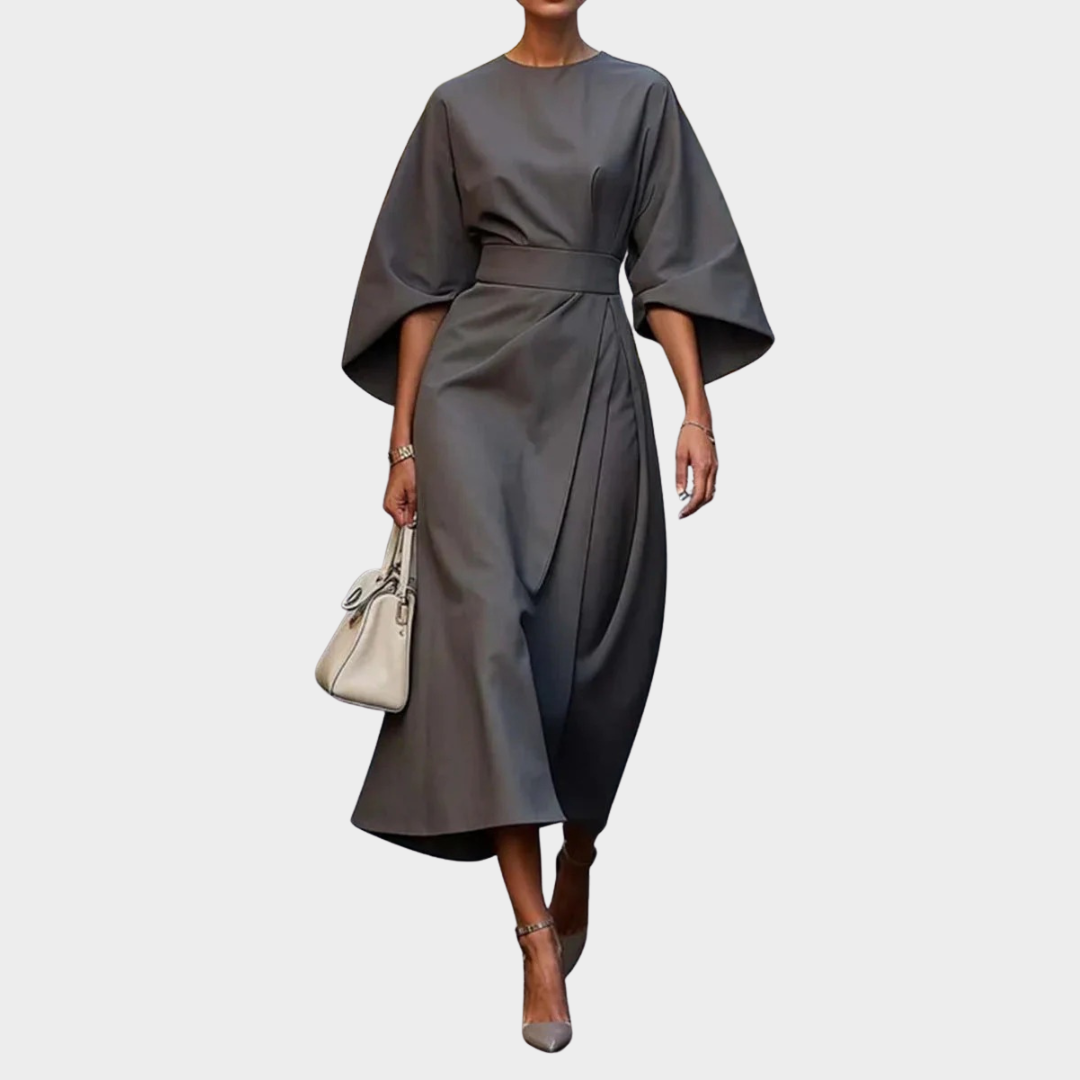 Women’s Elegant Belted Statement Dress – Cape Style Batwing Sleeves with Slim Waist Design – Multiple Colours