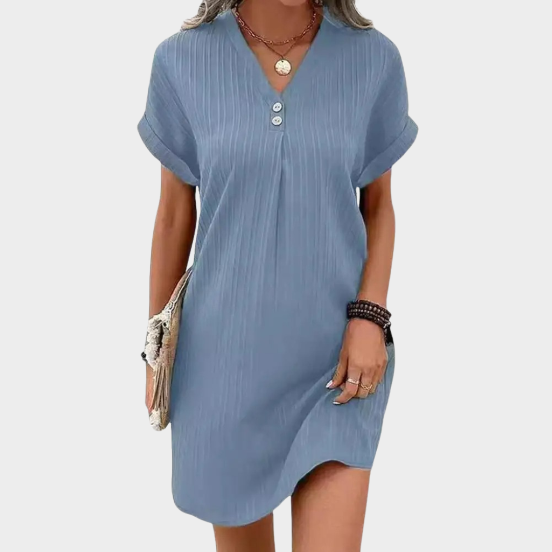 Women’s Dress – Loose Fit – V-Neck – Button Front – Short Sleeve – Multiple Colours