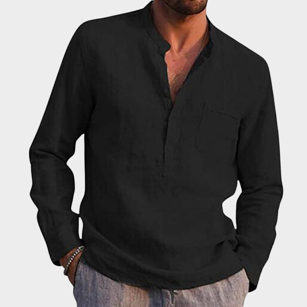 Men's Long-Sleeve Shirt - V-Neck - Button Pocket Design - Cotton - Casual Fit - Multiple Colours