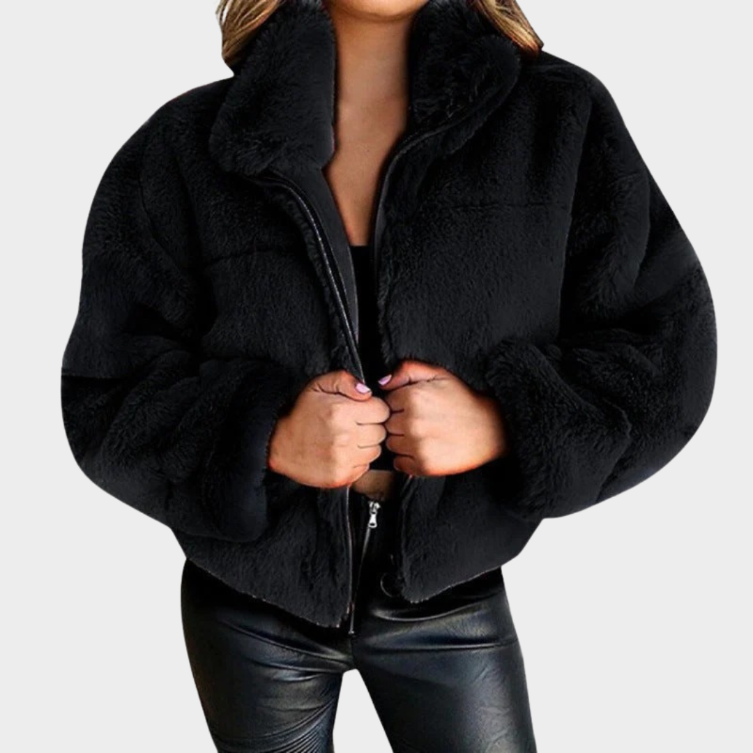 Women Faux Fur Jacket – Short Plush Coat with Turn Down Collar Slim Fit Outwear – Multiple Colours