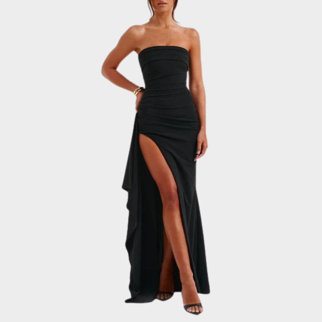 Women’s Maxi Dress – Strapless Bodycon Fit with Pleated Bust, Thigh High Split and Draped Detail in Luxury Stretch Crepe – Multiple Colours