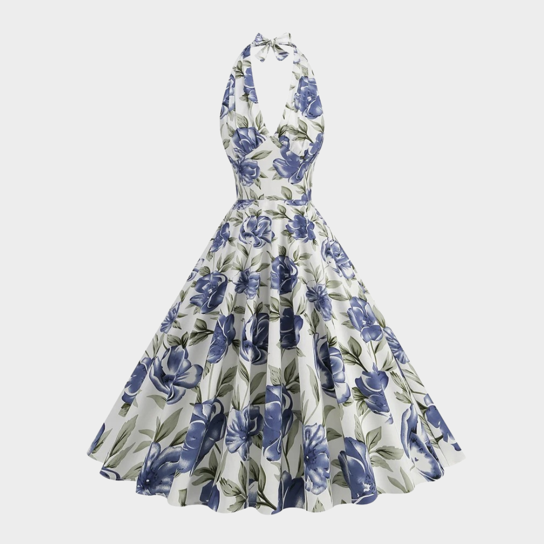 Women's 50s Retro High Waist Dress – Halter Neck – Floral Print – Backless – Cotton – Blue