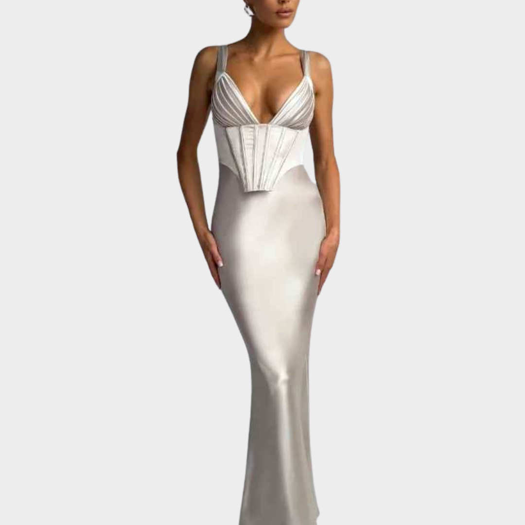Women Corset Satin Mermaid Dress – Deep V Neck Backless Floor Length Bodycon Gown for Wedding Prom and Formal Evening – Multiple Colours