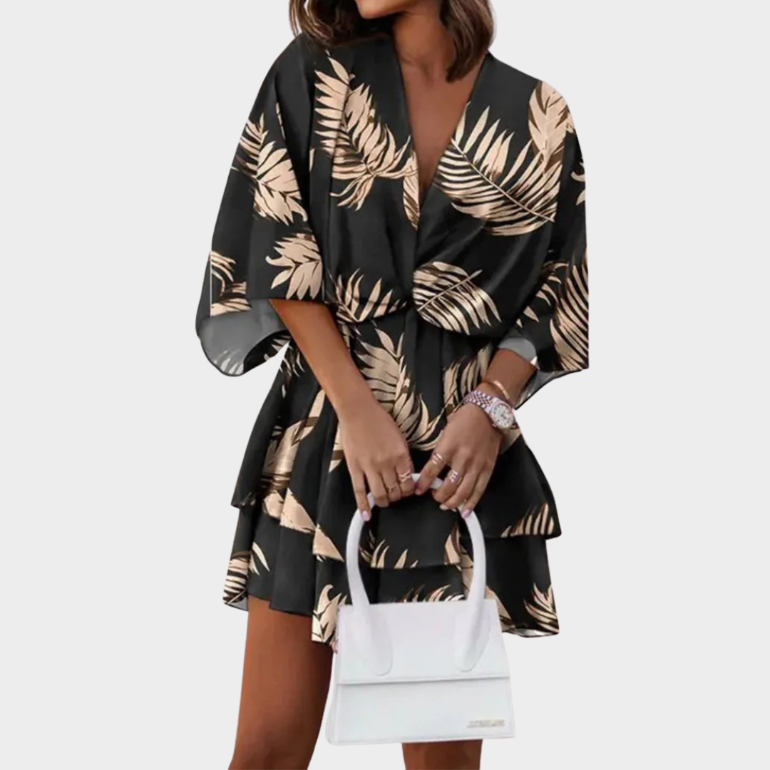 Women’s A-Line Mini Dress – Relaxed Fit – V-Neck – Bat Sleeve – Printed – Ruffle Hem – Multiple Colours