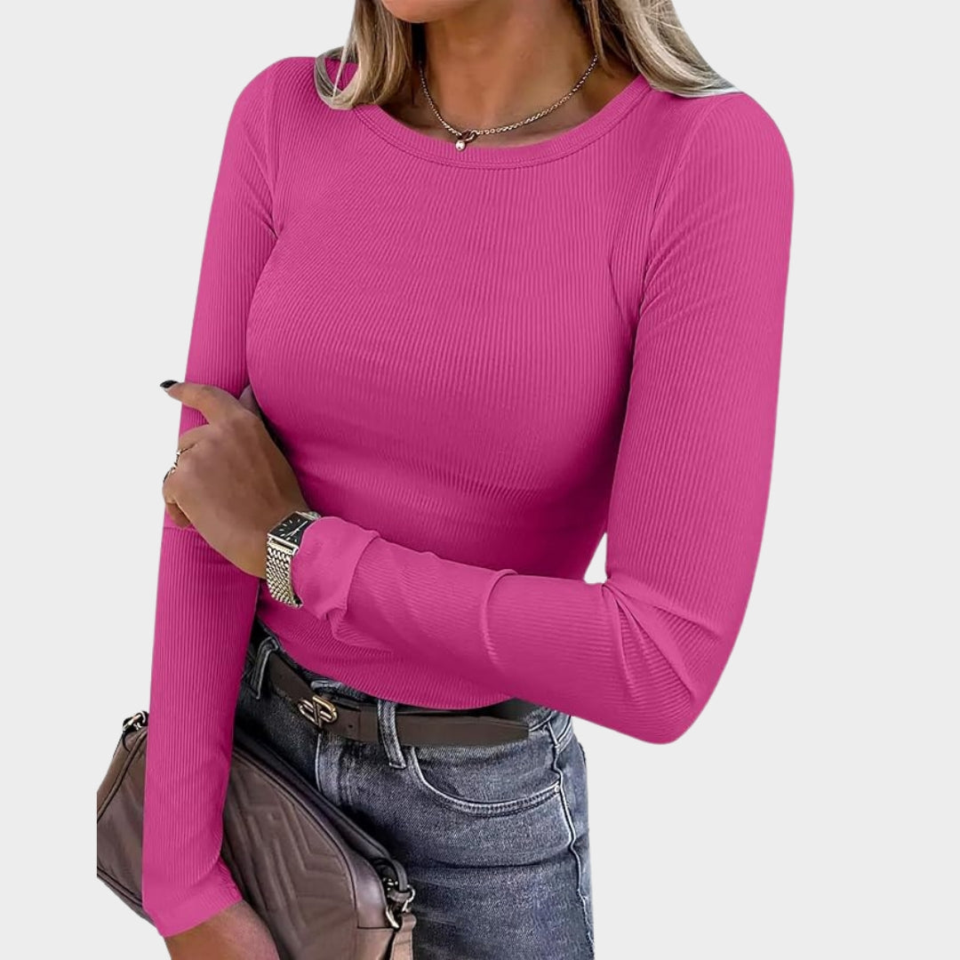 Women's Long-Sleeve Ribbed Knit Top - Crewneck - Slim Fit Basic Tee - Casual & Versatile - Multiple Colours