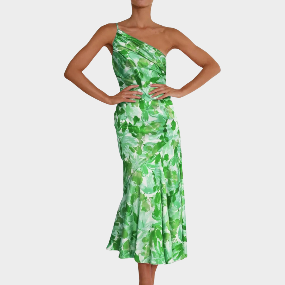 Women’s Oblique Shoulder Midi Dress – Floral Pleated Fit with Backless Spaghetti Strap Design – Lightweight Drape – Multiple Colours