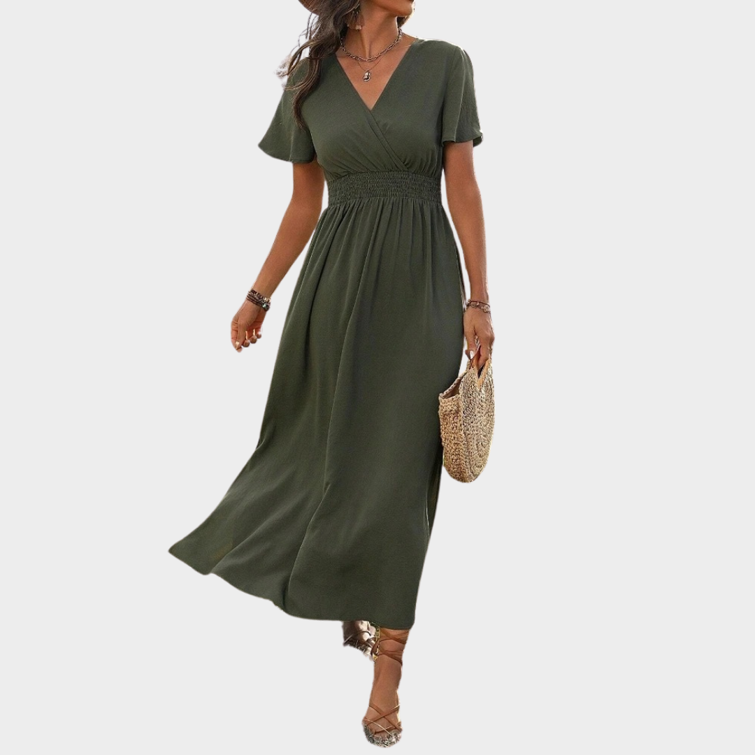 Women's A-Line Midi Dress – Short Sleeve V-Neck with Side Slit – Nipped Waist – Soft Lightweight Fabric – Multiple Colours