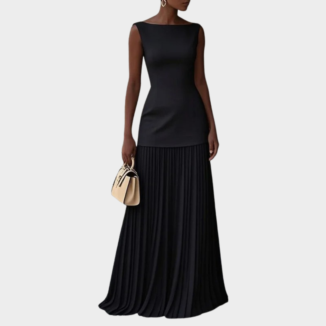 Women’s Sleeveless Maxi Dress – Elegant Pleated Full-Length Gown – Structured Bodice – Flowing Skirt – Multiple Colours