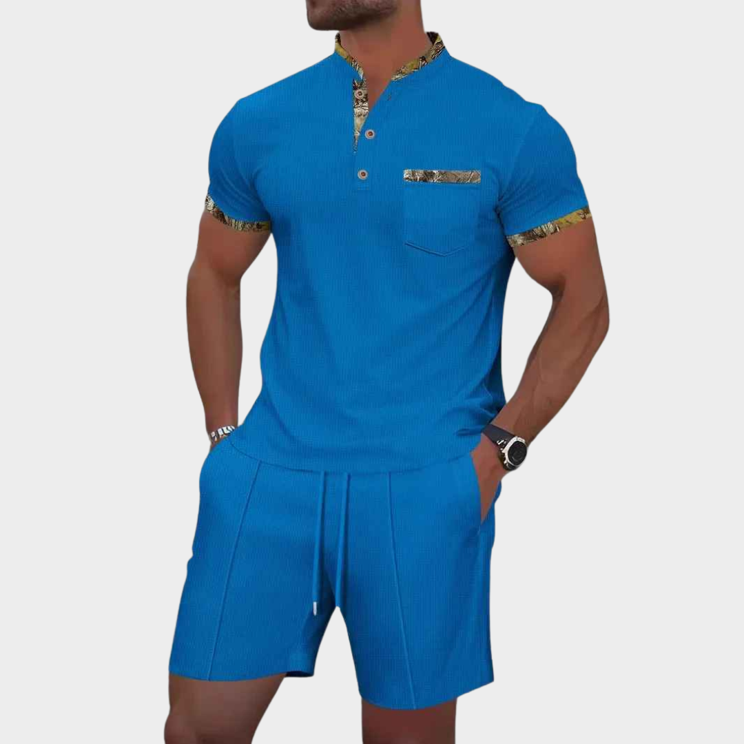 Men's Co-Ord Set – Waffle Zip-Up Lapel Shirt and Shorts Two-Piece – Multiple Colours