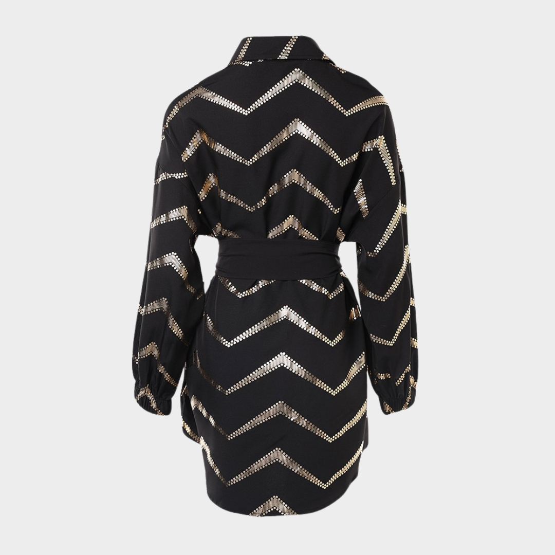 Women's Long-Sleeved Mini Shirt Dress – A-Line Fit – High Waist – Button-Up Lapel – Black