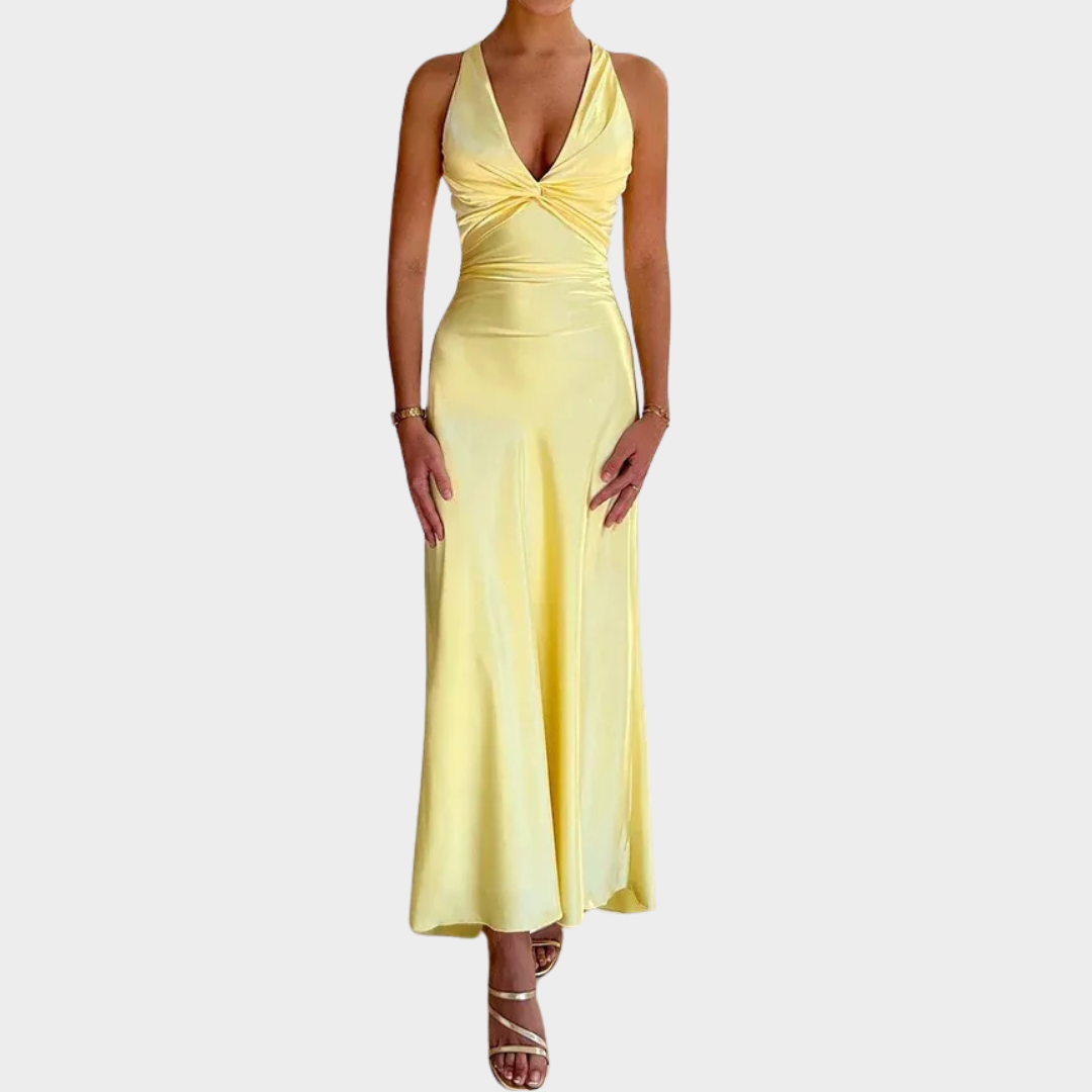 Women’s Maxi Dress – Sleeveless Satin Gown with V-Neck and Bow Tie Back – Elegant Fit for Evening Events – Multiple Colours