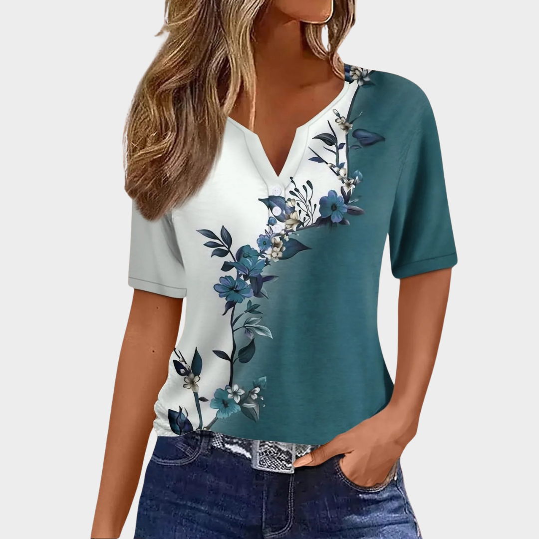 Women’s V-Neck Printed T-Shirt – Short Sleeve Harajuku Style – Button Detail – Soft Cotton Blend – Multiple Colours
