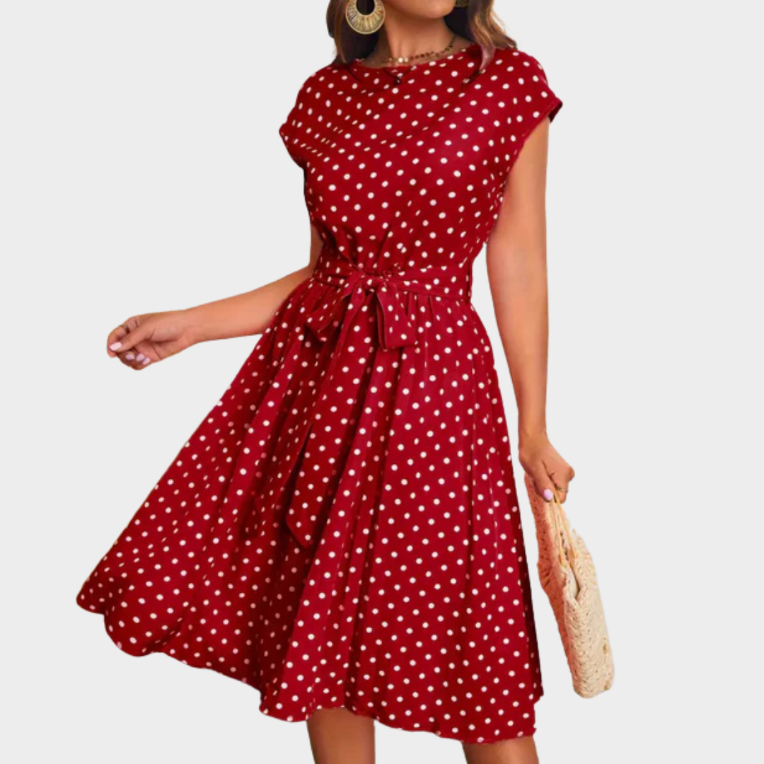 Women's Polka Dot Midi Dress – Round Neck Short Sleeves – Bow Knot Waist – Soft Lightweight Fabric – Multiple Colours