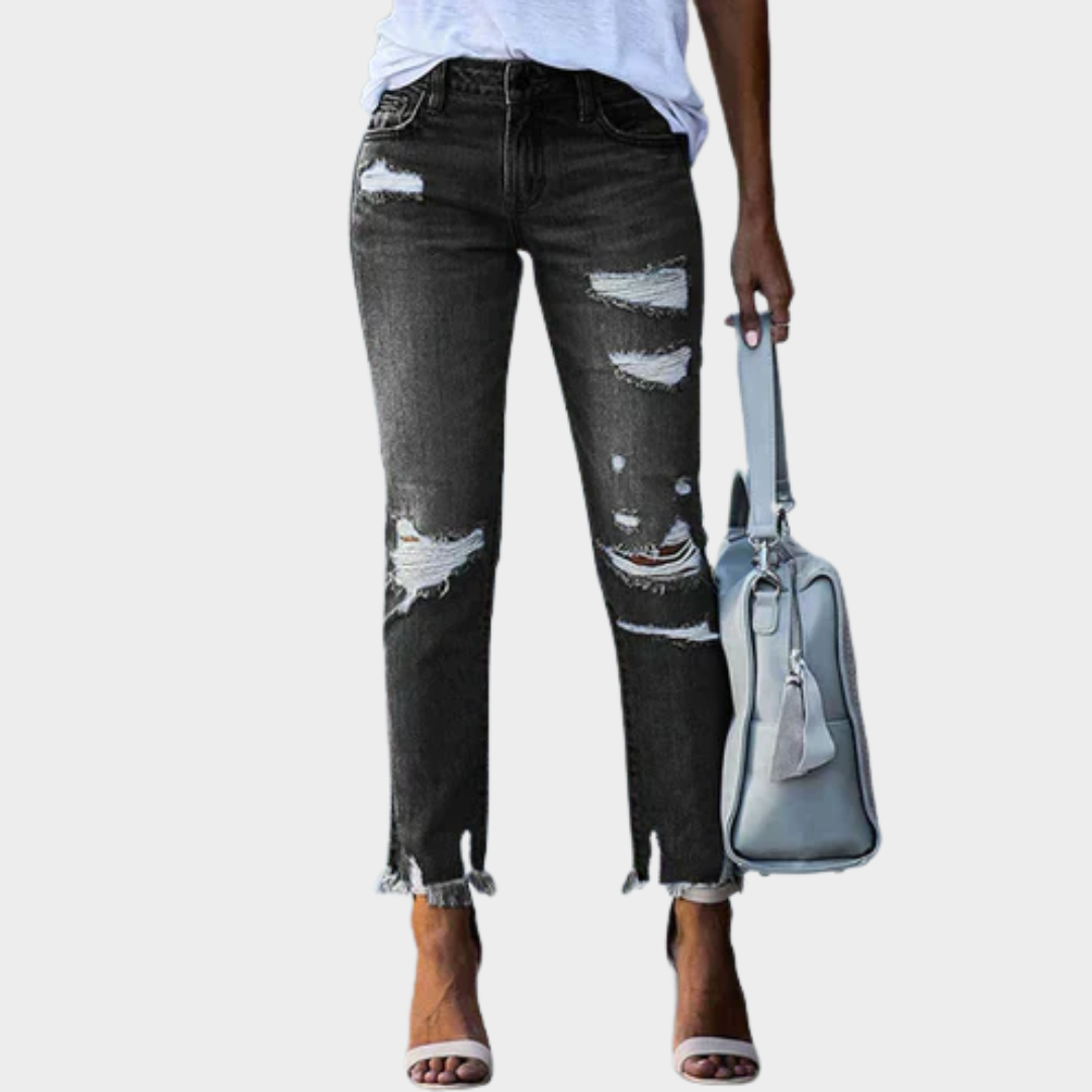 Women's Ripped Slim-Fit Denim Jeans – High-Waist – Vintage Style – Multiple Colours