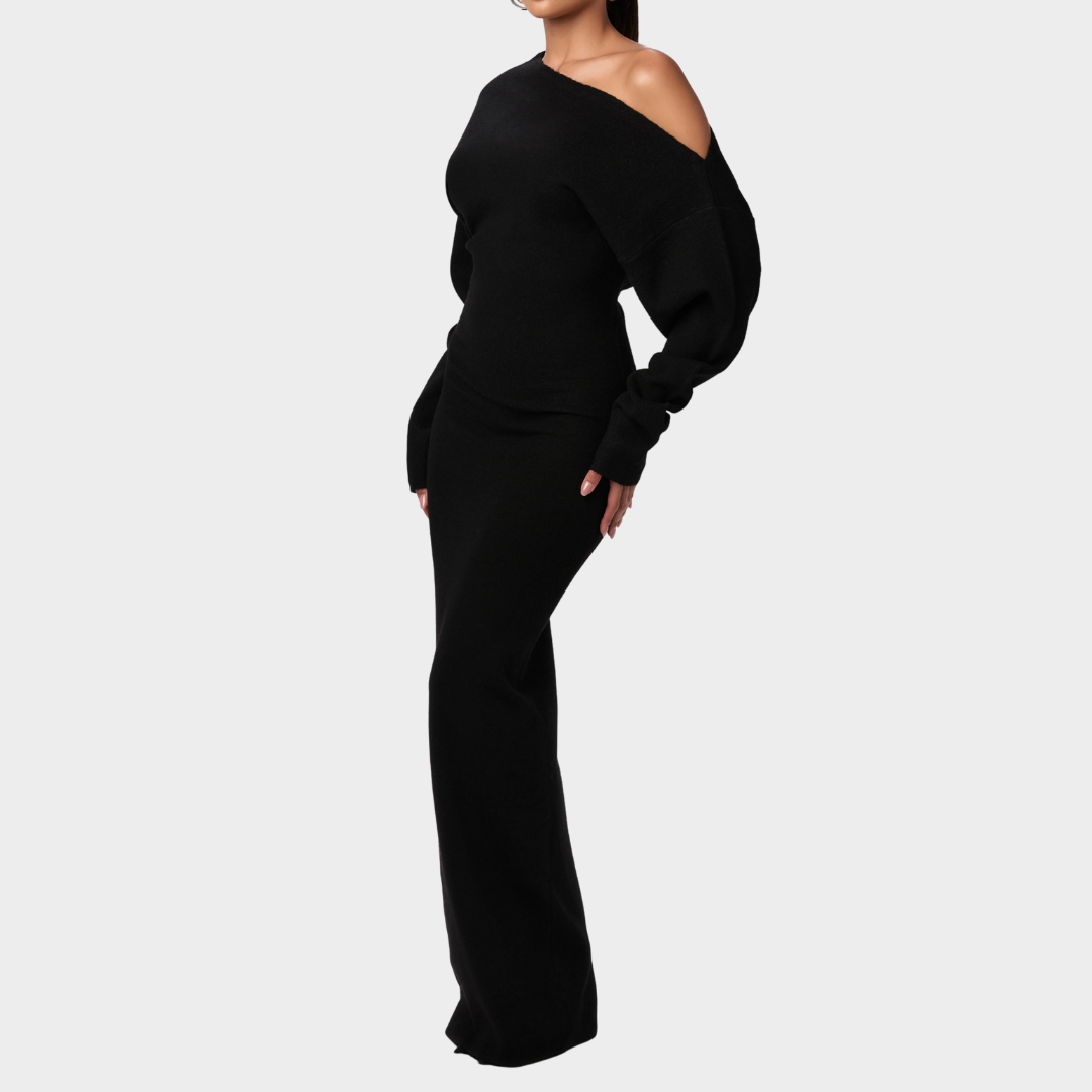 Women’s Long Dress – Off Shoulder Sloping Collar – Long Sleeve Solid Colour – Elegant Slim Fit Design – Multiple Colours