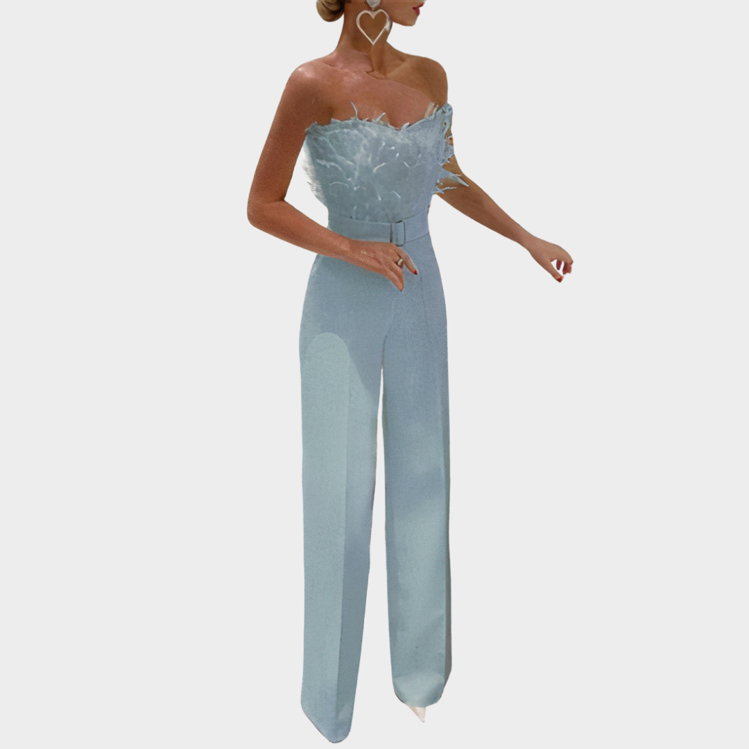 Women's Strapless Jumpsuit – Elegant Feather Detail – Sleeveless – Evening Party Outfit – Multiple Colours