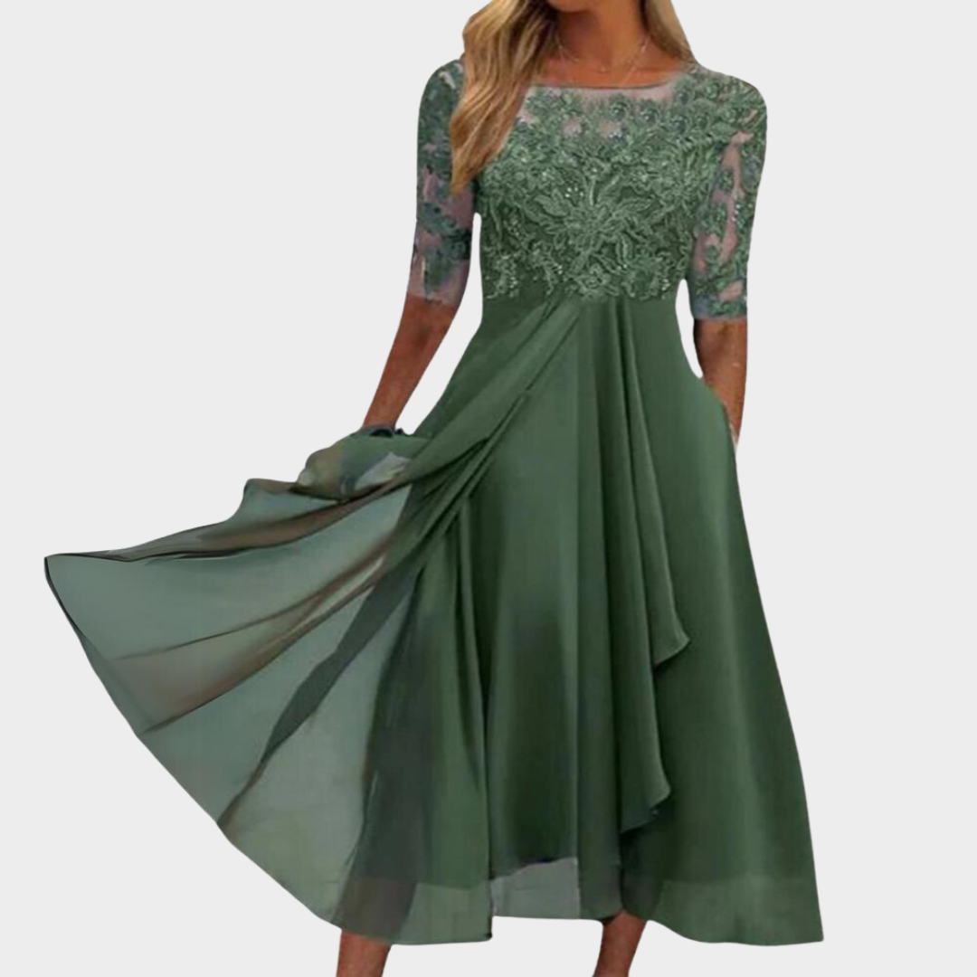 Women's Elegant Lace Chiffon Dress – Flowy Half Sleeve Gown – Evening Party Wear – Multiple Colours